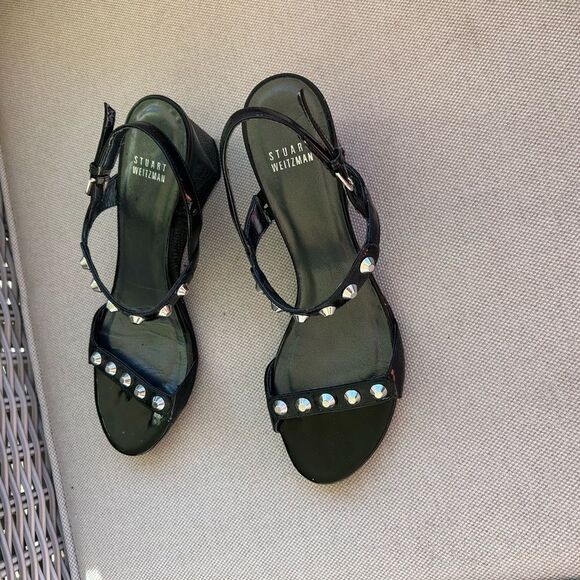 Stuart Weitzman Black Strappy Sandals with Pearl Embellishments - Picture 1 of 7